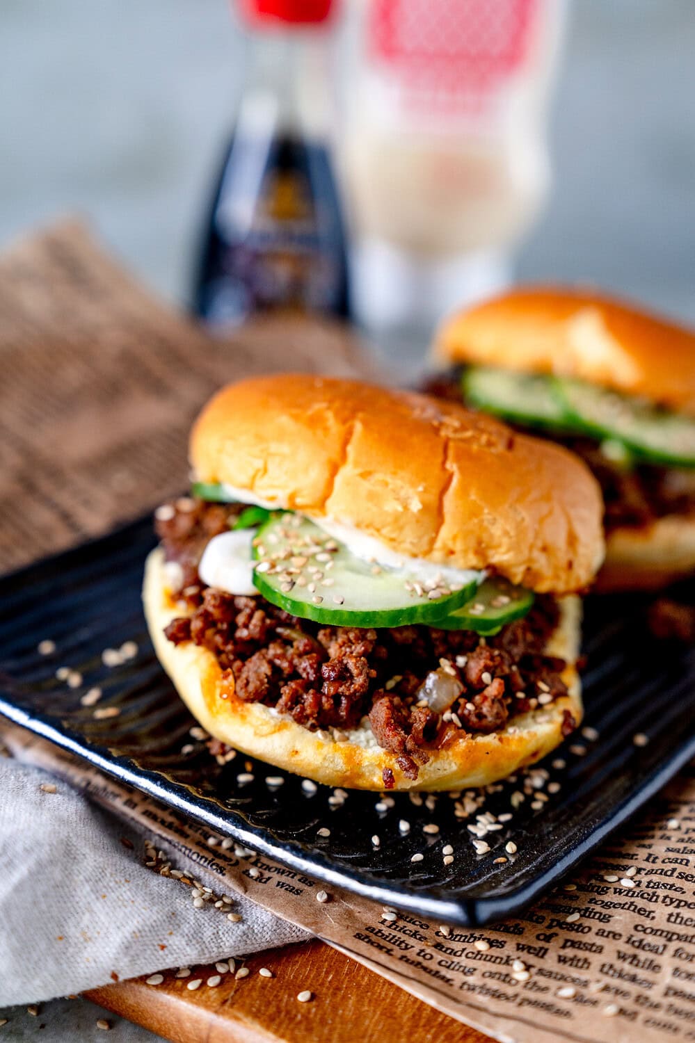 Korean Sloppy Joe Burger with Kewpie Mayonnaise and Cucumber