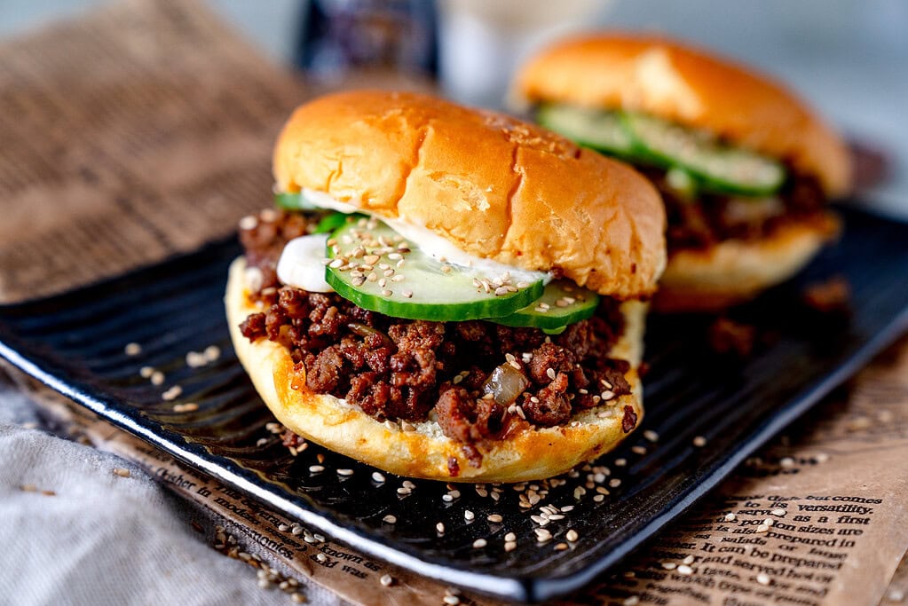 Korean Sloppy Joe Burger with sesame, cucumber and mayonnaise