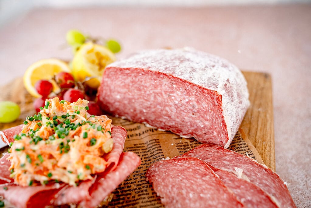 in a loaf of Aoste Le Briedu salami with Brie content