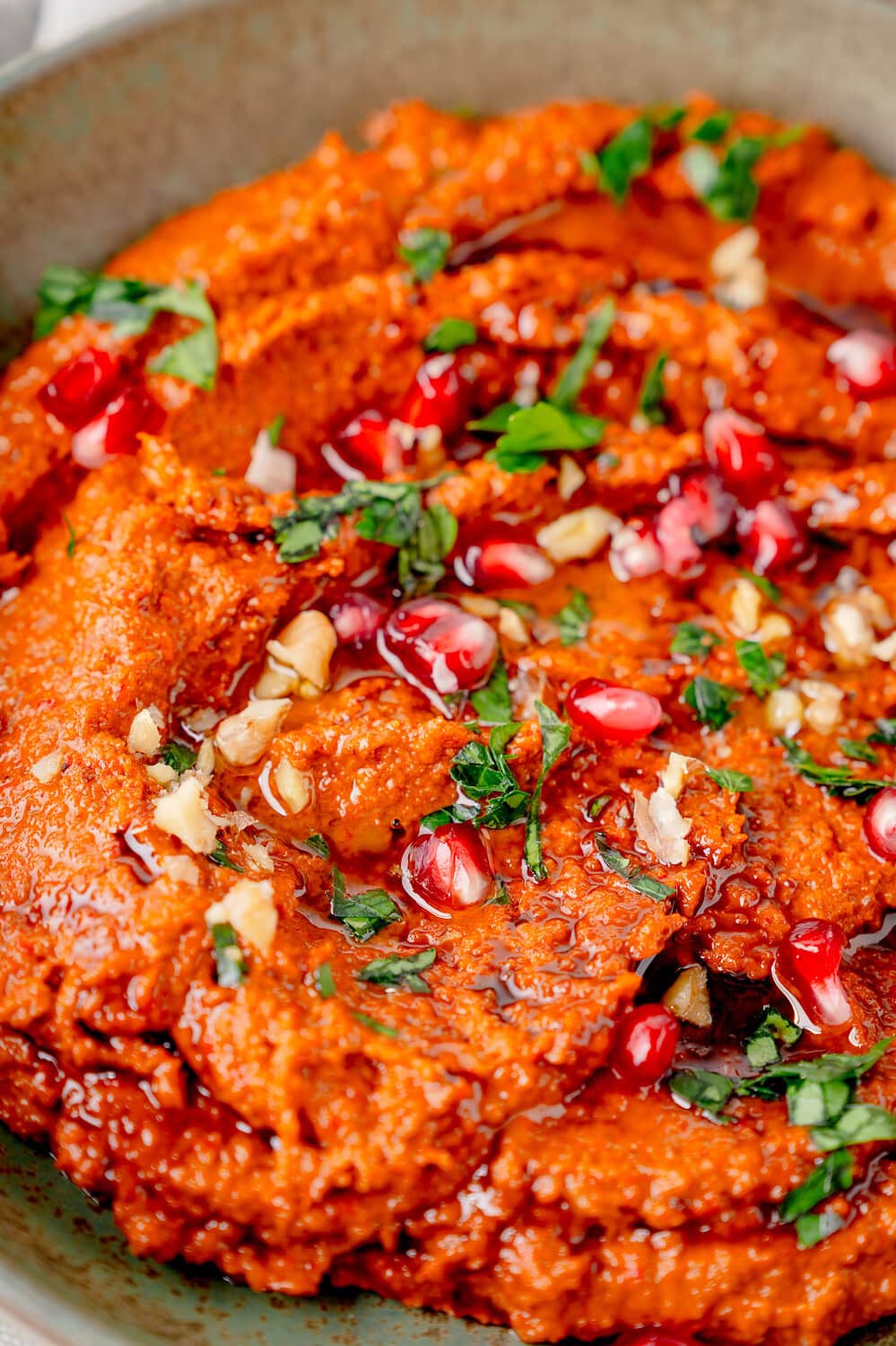 Nahaufnahme Muhammara Paprikadipp mit Walnüssen und Granatapfelkernen