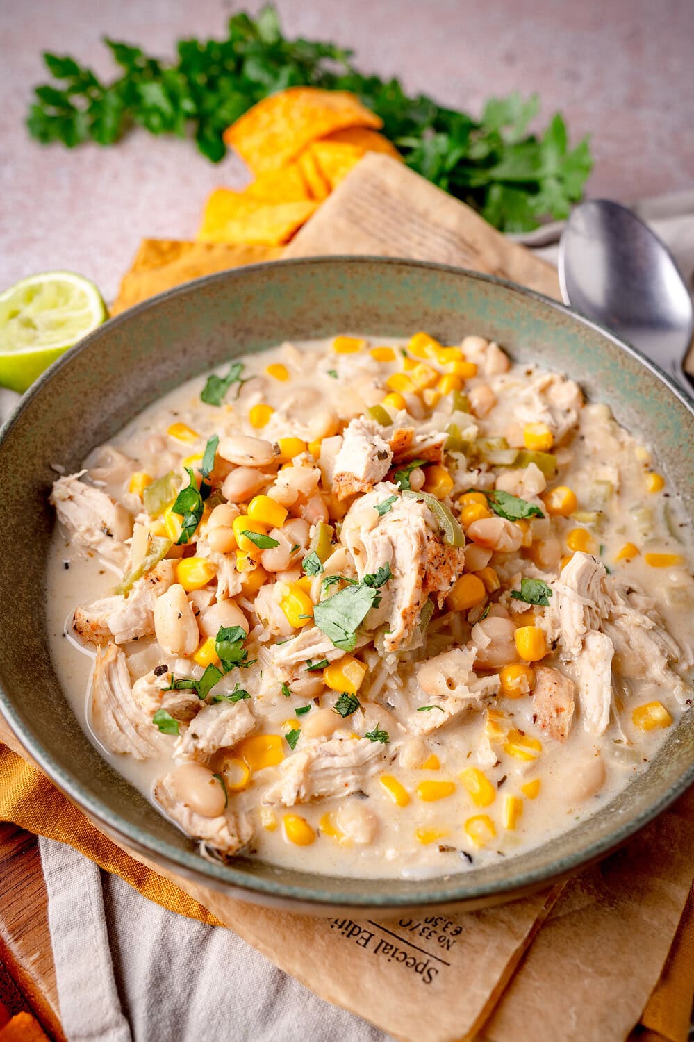 Delicious white chicken chili with corn and beans in a creamy sauce.