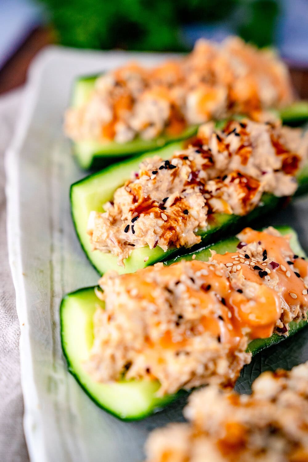 Close-up of the stuffed cucumber and tuna boats with sesame and teriyaki sauce